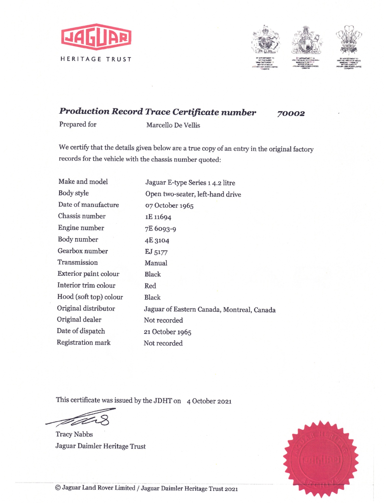 Jaguar Daimler Heritage Trust production record trace certificate 70002 for this Jaguar E-Type